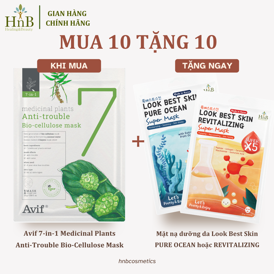 SIÊU SALE [MUA 10 TẶNG 10] Set 10 miếng mặt nạ làm dịu & kiểm soát dầu mụn [Avif 7-in-1 Medicinal Plants Anti-trouble Bio-cellulose Mask]